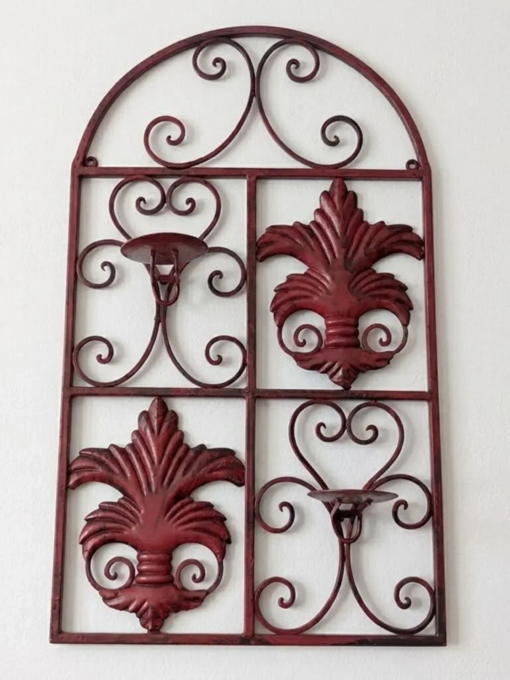 Metal Fleur De Lis Wall Candle Holder Sconce Tuscan Rustic Red Arch Decor 27x16